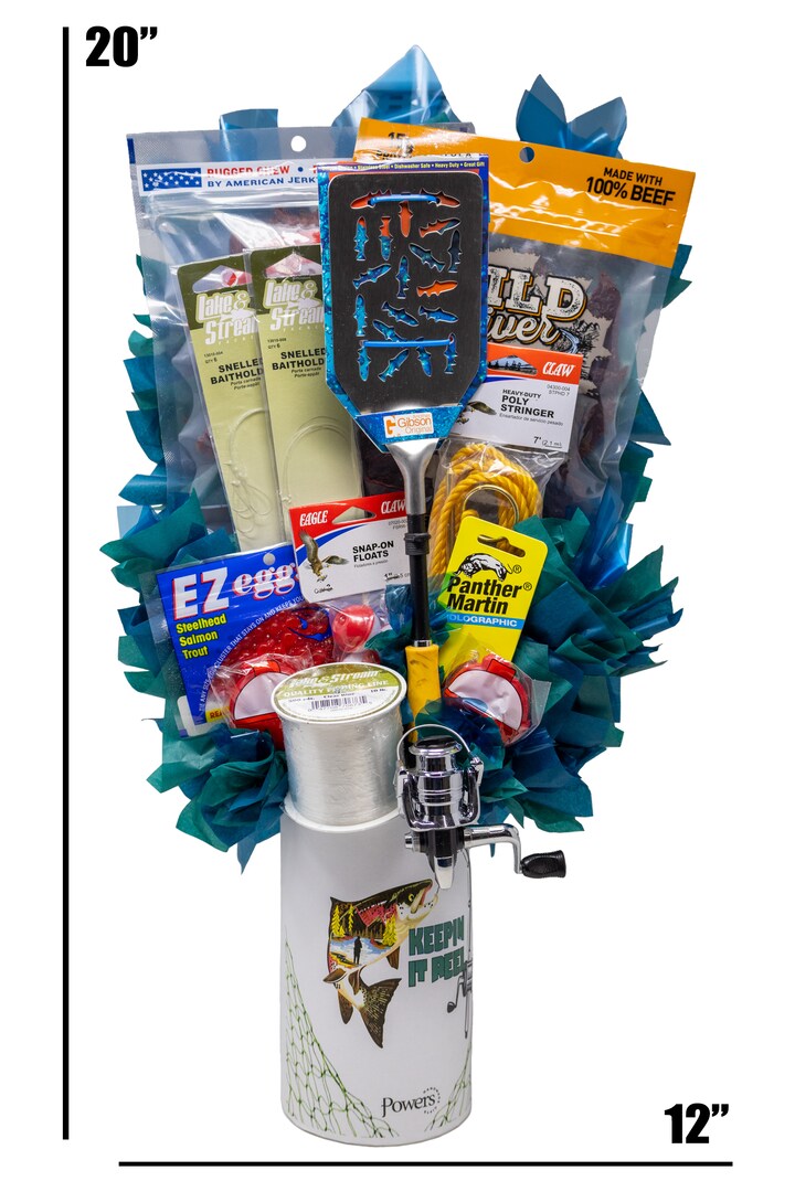 bouquet of fishing poles Powers Handmade Gifts Hobby Gear Gift Basket Theme Unisex Multicolor, Size: stands 21 x 10 Inches Great for sport fisherman or the lake house Fishing Rod With Bouquet Spring